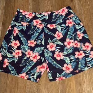Women’s Gradual Tropical Floral High Waist Swim Shorts. Navy with Pink Flowers